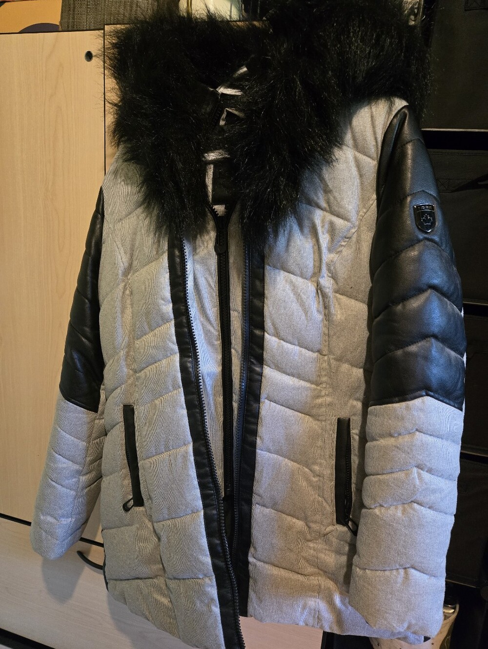 Noize Gigi MidLenght Gray Quilted Puffer Jacket, Black Faux Fur Collar - Medium